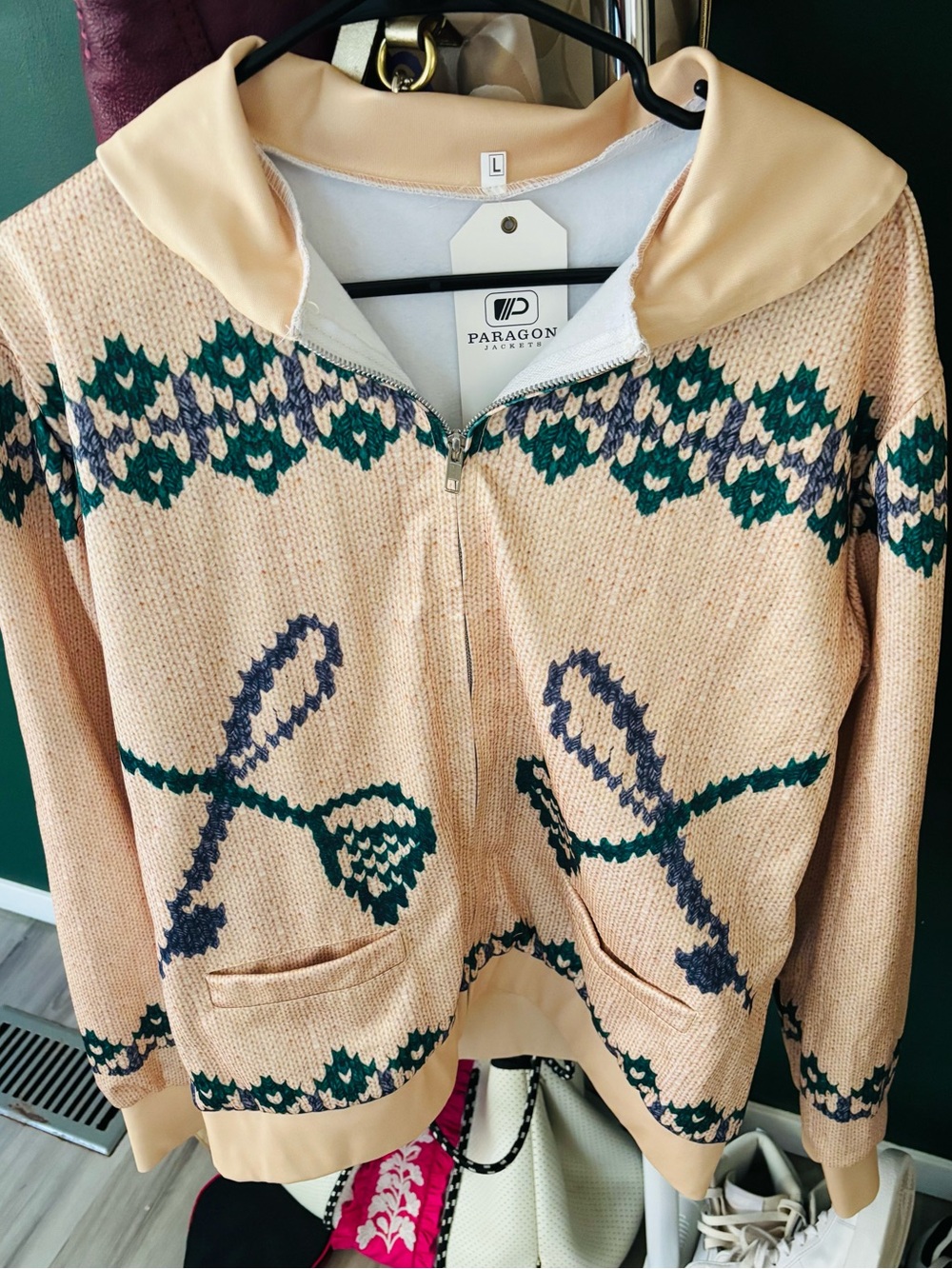 PARAGON Peach Knit Zip Cardigan with Green & Navy Accents
